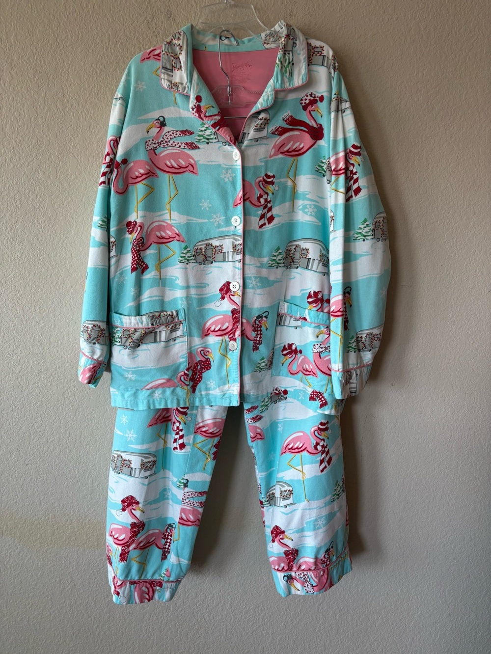 Nick & Nora Pajamas Large Flannel Flamingo Airstream Camper Set Coastal Boho